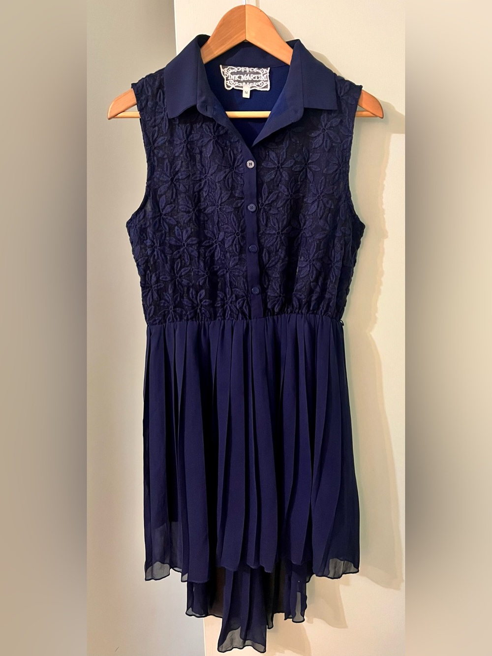 Pink Martini Navy Floral Sleeveless Fit and Flare High Low Dress Semi Sheer